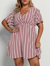 abordables Robes-Femmes Grande taille Robe Décontractée Rayé Col en V Manche Courte Été Printemps Mode Moderne Occasionnel Mini robe Quotidien Fête Robe
