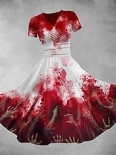 abordables Robe d&amp;#39;Halloween-Robe midi d&#039;Halloween pour femme, robe trapèze, robe d&#039;été, robe ajustée et évasée, soirée, décontractée, tous les jours, vacances, coupe classique, graphique, abstrait, manches courtes, col en V,