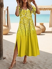 billige Boho-kjoler-Dame Maxikjole T skjortekjole Solkjole Skiftkjole Ferie Fritid Strandstil Fest Strand Normal Nyanse Grafisk Geometrisk Kortermet Crewneck Gul Rød Blå Lilla Sommer Vår