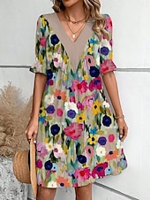 abordables Robes fleuries-Femmes Mini Robe Robe d&#039;été Occasionnel Quotidien Coupe régulière Fleuri Rayé Demi Manches Col en V Rouge Marron clair Bleu Vert Été Printemps