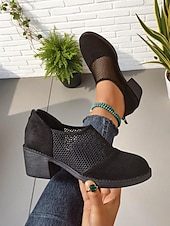 billige Block Heels-Svarte damesko med mesh-hæl – pustende pumps i vintage-stil for kontor, hagefester og smart, avslappet antrekk
