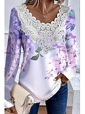 abordables T-shirt floral-Femmes Chemisier Fleuri Graphique Plantes Élégant ancien Mode manche longue Col ras du cou Col en V Hauts Réguliers Quotidien Sortir Week-end Dentelle Patchwork Imprimé Rose poussiéreuse Violet Kaki