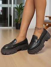 abordables Chaussures sans lacet et mocassins femme-Mocassins noirs épais pour femmes avec semelle plateforme - chaussures décontractées à enfiler tendance pour un usage quotidien, au bureau et en week-end