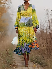 abordables Robe Fleurie-Femmes Robe Midi Robe Décontractée Mousseline de Soie Robe évasée Moderne Vacances Quotidien Week-end Coupe régulière Fleuri manche longue Col en V Bleu Roi Bleu Vert Bleu de minuit Été Printemps