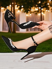 levne Klasické lodičky-Dámské černé saténové jehlové podpatky se špičatou špičkou, křišťálovými ozdobami a páskem na kotníku - elegantní společenské boty na koktejlové a večerní akce