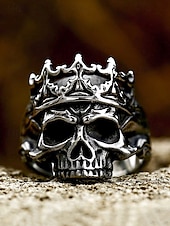 preiswerte Herrenschmuck-Herrenring aus Edelstahl mit Totenkopf und Krone – Gothic-Punk-Stil, robustes Heavy-Metal-Design, ideal für Halloween-Partys, Cosplay und Rockkonzerte