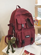 preiswerte College-Rucksäcke-Freizeitrucksack für Teenager mit großem Fassungsvermögen – Schultasche im koreanischen Stil mit mehreren Taschen und Plüsch-Schlüsselanhänger für Schule, Reisen und Outdoor-Aktivitäten, Schwarz, Weiß, Rot