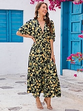 tanie Sukienki kwiatowe-Damskie Sukienka maxi Sukienka ołówkowa Sukienka A line Urlop Codzienny Boho Motylkowy Impreza Wyjściowe Plaża Luźny / a Owoc Rękaw 1/2 W serek Granatowy Lato Wiosna
