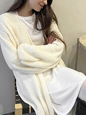 tanie Kardigany i odzież wierzchnia-Damskie Sweter Sweter rozpinany Moda Moda miejska Codzienny Jednokolorowe Prążkowany Otwarty przód Dzianiny Długi rękaw Długie topy Robić na drutach Święto Wyjściowe Weekend Biały Żółty Jesień Zima