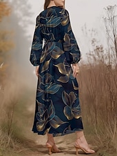 ieftine rochie florală-Pentru femei Rochii Midi Rochie casual Șifon Rochie leagăn Modern Vacanță Zilnic Sfârșit de săptămână Fit regulat Floral Frunză Manșon Lung În V Bleumarin Verde Închis Trifoi Albastru Închis Var