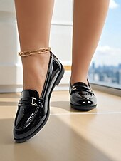 preiswerte Damenhausschuhe und -halbschuhe-Damen nude Lackleder Penny Loafers mit Schnallen-Details - Elegante Slipper Flats für Damen klassisch Prep-Stil Büroschuhe für tägliche Arbeit Schule und Freizeitaktivitäten
