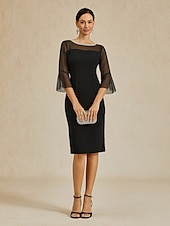 preiswerte Teelänge-Schlauchkleid Brautmutterkleid Elegant Party Rundhalsausschnitt Knielang Polyester Dreiviertelarm mit Kristalle Einfarbig 2025