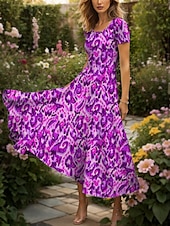 ieftine Artă și design rochii-Pentru femei Rochie Maxi Rochie casual Rochie A line Rochie de vară Elegant Vacanță Casual Fit regulat Grafic Abstract Manșon scurt Pătrat Galben Roșu-aprins Albastru piscină Mov Vară Primăvară
