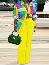 ieftine Costume de bluză de damă-Pentru femei Modă Șic Stradă Zilnic Seturi de pantaloni Manșon Lung Guler Cămașă Plisat Gradiant Imprimeu Casual Zilnic Galben Bleumarin Albastru piscină Vară Potrivire Largă