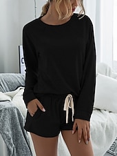 tanie Damskie krótkie komplety-Damskie Moda Moda miejska Codzienny Zestawy spodenek Długi rękaw Półgolf Równina Ściągana na sznurek Codzienny Czarny Rumiany róż Królewski błękit Lato Luźna