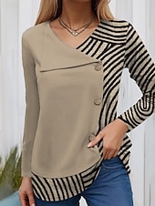economico T-shirt a righe e geometrico-Per donna Maglietta Grafico Geometrico Moda Casual Manica Lunga Scollo a V Top Regolari Quotidiano Patchwork Bottoni Stampato Nero Marrone chiaro Cachi Primavera Autunno Inverno