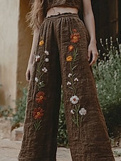 cheap Wide Leg &amp; High Waisted-Women&#039;s Wide Leg Pants Trousers Palazzo Pants Fashion Boho Full Length High Waist Flower Elastic Waist Print Breathability Comfortable Street Daily Wear Going out dark brown Coffee Spring Fall
