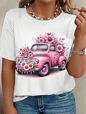 お買い得  大きいサイズ Tシャツ-女性用 プラスサイズ トップの Tシャツ フラワー プリント 半袖 クルーネック カジュアル 日常 ポリエステル 夏 イエロー ピンク