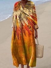 billiga Blommiga klänningar-Dam Maxiklänning Solklänning A linjeklänning Semester Ledigt Boho Utekväll Strand Blommig Grafisk Långärmad V-hals Vit Rodnande Rosa Orange Naturvit Sommar Vår Höst