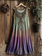 tanie Sukienki boho-Damskie Sukienka midi Sukienka letnia Sukienka A line Urlop Codzienny Boho Ślub Impreza Wyjściowe Kwiaty Graficzny Kształt listka Bez rękawów Dekolt w kształcie litery U Jasnobrązowy Jasnofioletowy