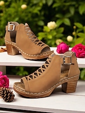 olcso Block Heels-női peep toe kivágott tömbsarkú bokacsizma hátsó cipzárral – stílusos nyári vastag sarkú cipő randevúkra, kerti partikra és szabadtéri rendezvényekre