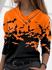 abordables Hauts d&amp;#39;Halloween-Halloween Femmes T-shirt ancien Élégant Occasionnel manche longue Col en V Hauts Réguliers Quotidien Boutons Imprimé Noir Jaune Orange Automne Hiver