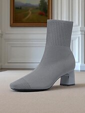 preiswerte Stiefeletten-Marineblaue Strick-Sockenstiefel für Damen – spitze Stretch-Stiefeletten mit Blockabsatz für elegante Alltags- und Herbstoutfits