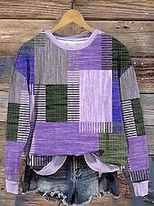 baratos Tops Listrados e Geométricos-Mulheres Moletom Moletons Gráfico Geométrica Xadrez Moda Casual Manga Longa Gola Redonda Tops regulares Rua Dia a Dia Imprimir Azul Roxo Verde cáqui Primavera Outono Inverno