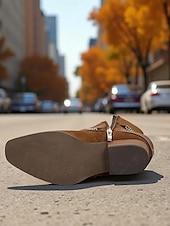 abordables Bottines-Bottines en daim marron pour femmes avec chaîne et ceinture - bottines à talons épais de style western tendance pour les tenues décontractées et les sorties d&#039;automne