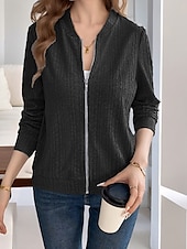 baratos Blusas Simples Femininas-Mulheres Moletons com zíper Tecido Roupa de rua Casual Confortável Manga Longa Decote V Tops regulares Rua Feriado Para Noite Zip Up Preto Cinzento Outono
