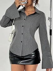 economico Bluse a righe e geometriche-Per donna Camicia Bottoni A righe Quotidiano Elegante Essenziale Manica Lunga Colletto a Camicia Top Regolari Quotidiano Lavoro Ferie Grigio Primavera Autunno