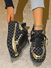 baratos Festa da Vida Noturna-Tênis femininos acolchoados com strass - sapatos de festa com cadarço preto e prata para vida noturna, baladas e streetwear moderno