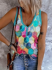 billige Boho tank topp-Dame Camisole Tank Top Grafisk Geometrisk Bohem Årgang Tropisk Ermeløs V-hals Vanlige topper Daglig Trykt mønster Lysegrønn Rød Blå Kakifarget Regnbue Sommer Vår