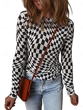 preiswerte Damen Streifen- und geometrische Oberteile-Damen Bluse Karomuster Stilvoll Lässig Langarm Rundhalsausschnitt Normale Oberteile Täglich Druck Schwarz Rosa Aprikose Sommer Frühling Herbst