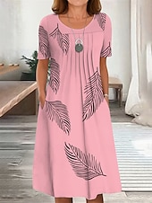 preiswerte Blumenkleid-Damen Midikleid T-Shirt-Kleid A Linie Kleid Sommerkleid Urlaub Lässig Täglich Normale Passform Grafik Blatt Kurzarm Rundhalsausschnitt Weiß Rosa Blau Grün Sommer Frühling