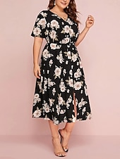 ieftine Rochii-Pentru femei Mărime Plus Rochie casual Floral În V Manșon scurt Vară Primăvară Elegant Modă Modern Casual Rochii Midi Zilnic Concediu Rochie