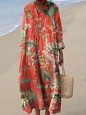 preiswerte Blumenkleider-Damen Maxikleid Sommerkleid A Linie Kleid Urlaub Lässig Boho Party Ausgehen Strand Blumen Grafik Geometrisch Langarm V Ausschnitt Rote Blau Regenbogen Sommer Frühling Herbst
