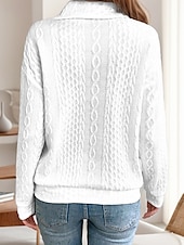 billige Teksturert hettegensere og sweatshirt-Dame Pullover عادي Gatemote Fritid Behagelig Langermet V-hals Vanlige topper Gate Ferie Ut på byen Halv glidelås Svart Hvit Grå Høst