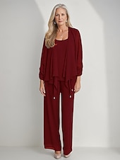 cheap Mom&#039;s Pant Suits-3 Piece Mother of the Bride Pantsuits Elegant Simple Luxurious Square Neck Floor Length Chiffon 3/4 Length Gathered Sleeve with Crystals Cascading Ruffles 2025