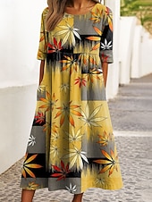 preiswerte Blumenkleid-Damen Midikleid Freizeitkleid A Linie Kleid Sommerkleid Urlaub Lässig Ferien Normale Passform Blumen Grafik Geometrisch Halbarm Rundhalsausschnitt Schwarz Gelb Blau Purpur Sommer Frühling