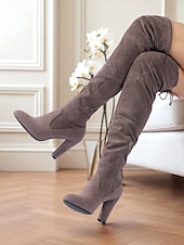 abordables Bottes à la mode-bottes cuissardes en daim gris pour femme à talons hauts - bottines cuissardes chics et élégantes pour les sorties à la mode et les tenues de soirée