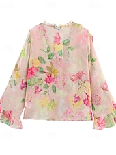 billige Blomstrete topper-Dame Skjorte Bluse Blomsternål i krystall Stilfull Moderne Langermet V-hals Vanlige topper Ferie Ut på byen Trykt mønster Rosa Høst