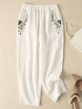 abordables Pantalón liso de lino y algodón-Mujer Pantalones de lino y algodón Chinos Moda Básico Longitud total Alta cintura Floral Bordado Comodidad Al Aire Libre Microelástico Vacaciones Calle Diario Blanco Amarillo Albaricoque Café Verano