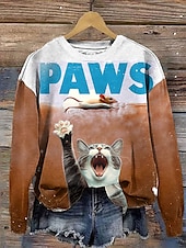 abordables Animaux Tops-Femmes Sweat-shirts Graphique Chat Lettre Occasionnel manche longue Col ras du cou Hauts Réguliers Rue Tenue Quotidienne Imprimé Bleu Violet Vert Kaki Automne Hiver