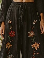 billiga breda ben och hög midja-Dam Brett skaft Byxor Palazzo byxor Ledigt Boho Fullängd Hög midja Blomma Elastisk midja Snörning Mönster Mateial som andas Bekväm Gata Dagliga kläder Utekväll Svart Vår Höst Normal
