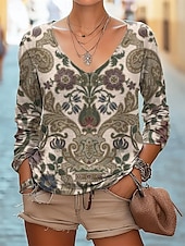 ieftine tricou boho-Pentru femei Bluză Floral Boemia Zilnic Manșon Lung În V Topuri obișnuite Zilnic Concediu Imprimeu Negru Alb Roșu-aprins Bleumarin Verde Smarald Vară Primăvară Toamnă