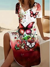 preiswerte Tiere kleiden-Damen Minikleid T-Shirt-Kleid A Linie Kleid Sommerkleid Urlaub Lässig Täglich Ferien Date Normale Passform Blumen Grafik Tiermotiv Kurzarm V Ausschnitt Gelb Rote Blau Violett Sommer Frühling