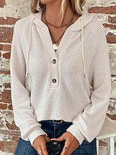 billige Teksturert hettegensere og sweatshirt-Dame Genser Fritid Helfarge Riflet Med hette Knapper Strikket Langermet Vanlige topper Strikke Daglig Ut på byen Helg Svart Hvit Høst