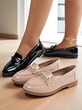 preiswerte Damenhausschuhe und -halbschuhe-Damen nude Lackleder Penny Loafers mit Schnallen-Details - Elegante Slipper Flats für Damen klassisch Prep-Stil Büroschuhe für tägliche Arbeit Schule und Freizeitaktivitäten