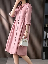 ieftine proiectează rochii din bumbac și in-Pentru femei Rochii Midi Rochie A line Rochie de vară Casual Zilnic Fit regulat Simplu Lungime Manșon 3/4 Rever Roz Îmbujorat Trifoi Vară Primăvară Toamnă